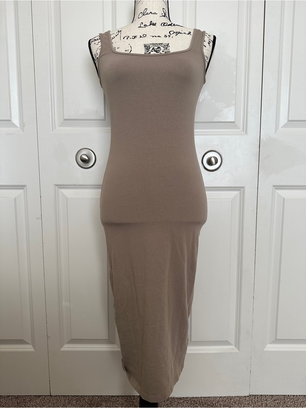 H&M Taupe Knit Bodycon Tank Dress Square Neck Strappy Stretch Midi S